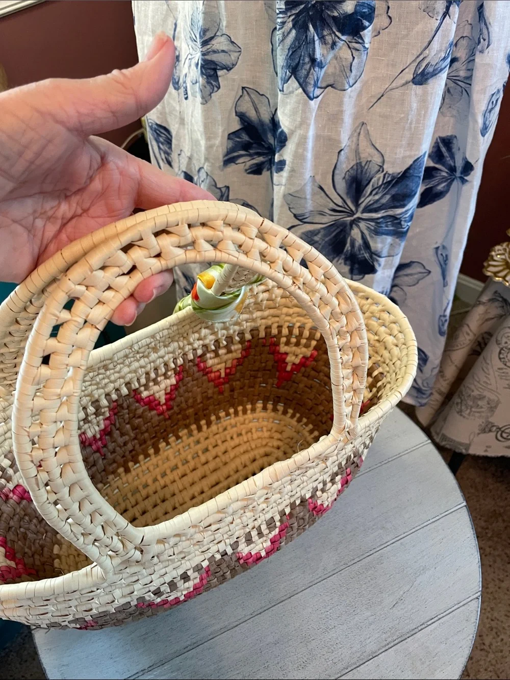 Woven Straw Tote Bag with Pink Accent and scarf